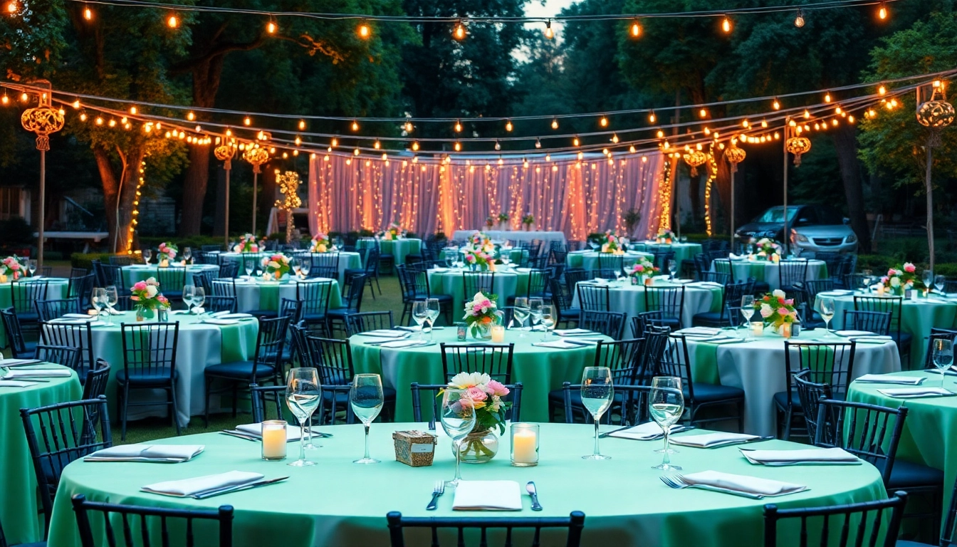 Beautifully arranged Table Rentals for an outdoor event with vibrant decor.