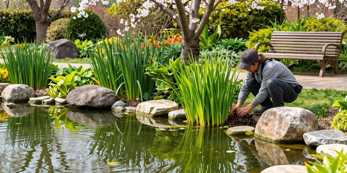 Pond plants flourish in a tranquil garden pond, nurtured by a gardener, surrounded by green foliage.