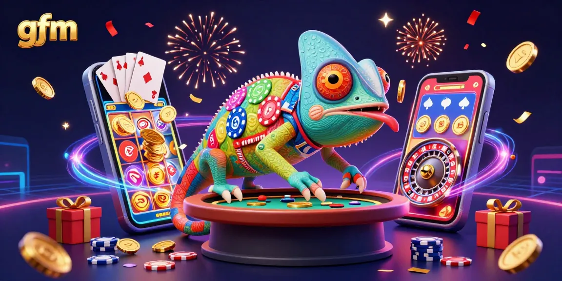 Engage with gfm casino experience featuring a colorful chameleon owner and vibrant gaming elements.