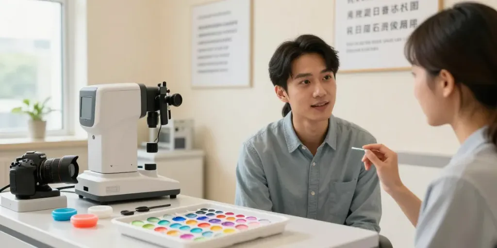 Optometrista mostrando lentes de contato coloridas para paciente em consultório