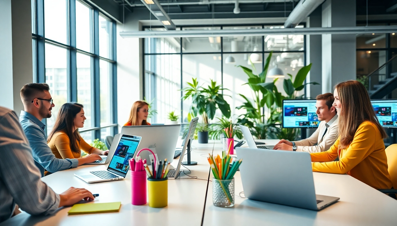 Werbeagentur-Team arbeitet an modernen Webdesigns in einem hellen Büro.