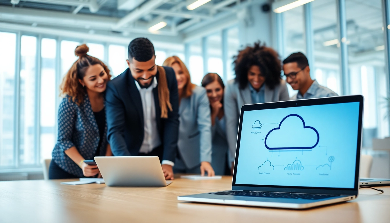 Showcasing cloud migration services through a collaborative workspace with digital devices.