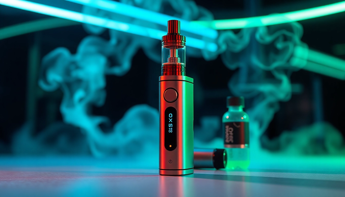 Das Oxva Vape-Gerät in einer modernen Umgebung mit dynamischen Lichteffekten und stilisierten Dampfwolken.