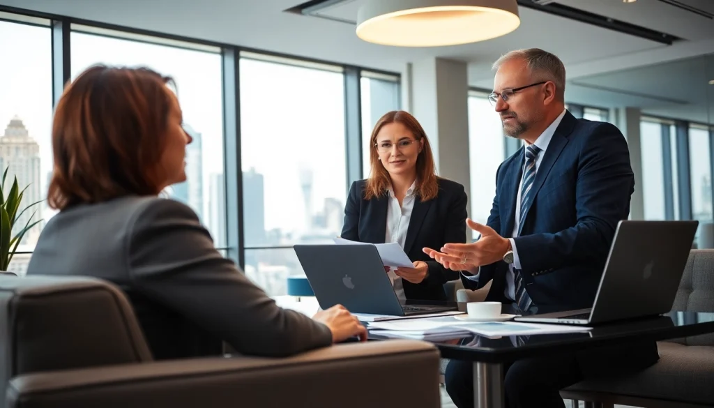 Clients discussing investment management San Antonio strategies with a financial advisor in a bright office.