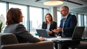 Clients discussing investment management San Antonio strategies with a financial advisor in a bright office.
