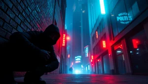 Masked figure represents Politics Thieves and Bullets while stealthily navigating a suspenseful urban landscape.