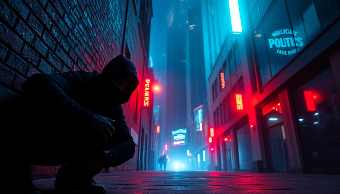 Masked figure represents Politics Thieves and Bullets while stealthily navigating a suspenseful urban landscape.