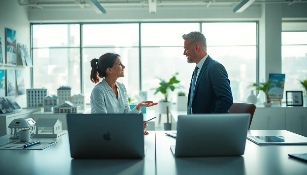 Real Estate agent discussing properties with client in a modern office setting.