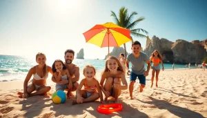 Cabo family activities showcasing a joyful family playing on the beach with vibrant ocean scenery.