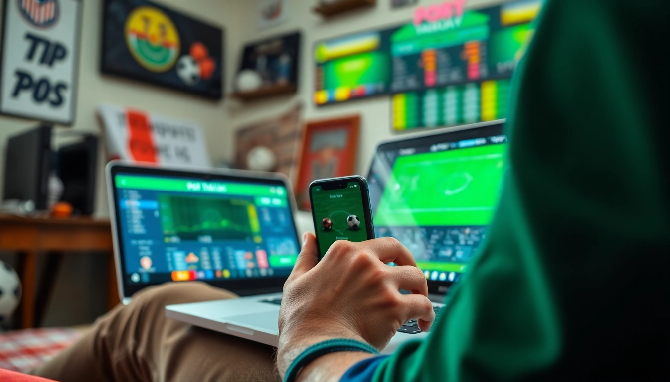 Engaged user exploring sports betting sites India on mobile and laptop, showcasing a vibrant home atmosphere.