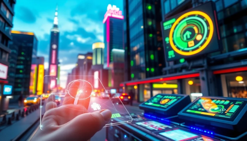 Engaging technology interaction in a futuristic urban setting showcasing innovation and user experience.