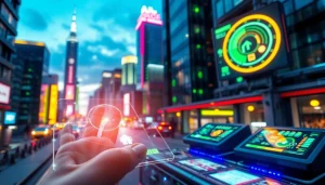Engaging technology interaction in a futuristic urban setting showcasing innovation and user experience.