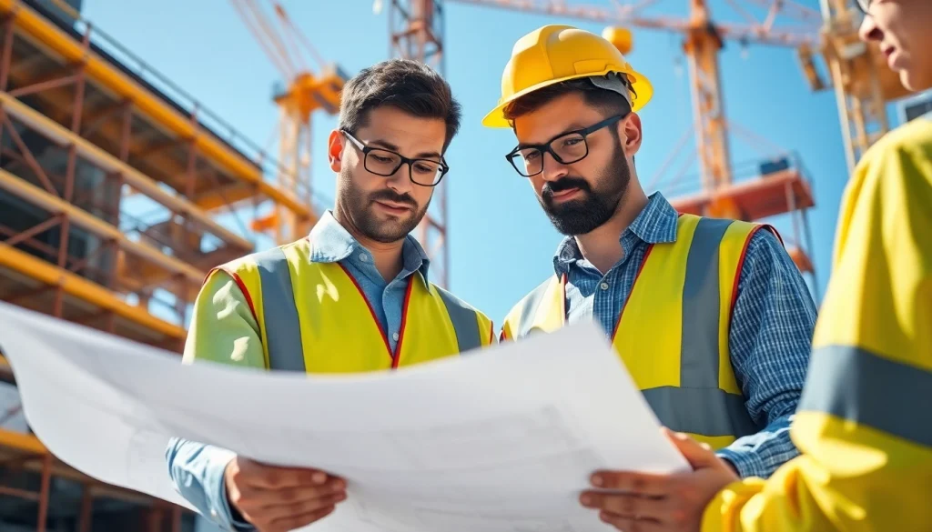 Manhattan Construction Manager analyzing blueprints at a vibrant construction site