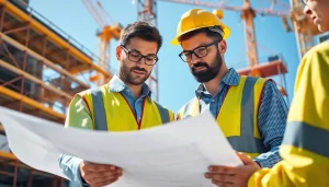 Manhattan Construction Manager analyzing blueprints at a vibrant construction site