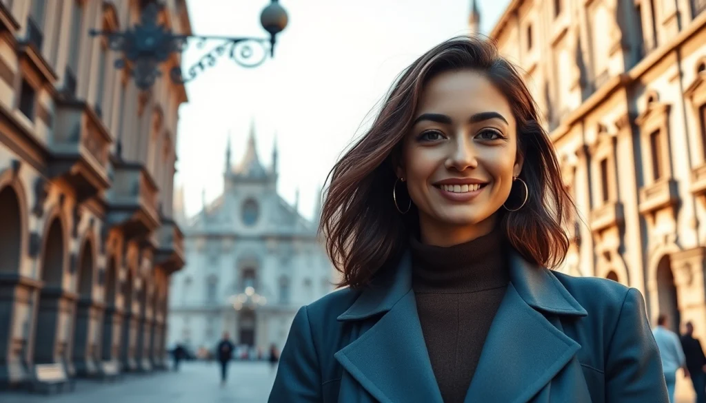 Realizza un book fotografico Milano con un modello che sorride davanti ai monumenti iconici.