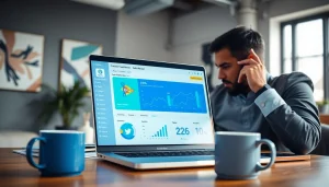 Engage with a professional analyzing the facebook smm panel on a laptop in a modern office.