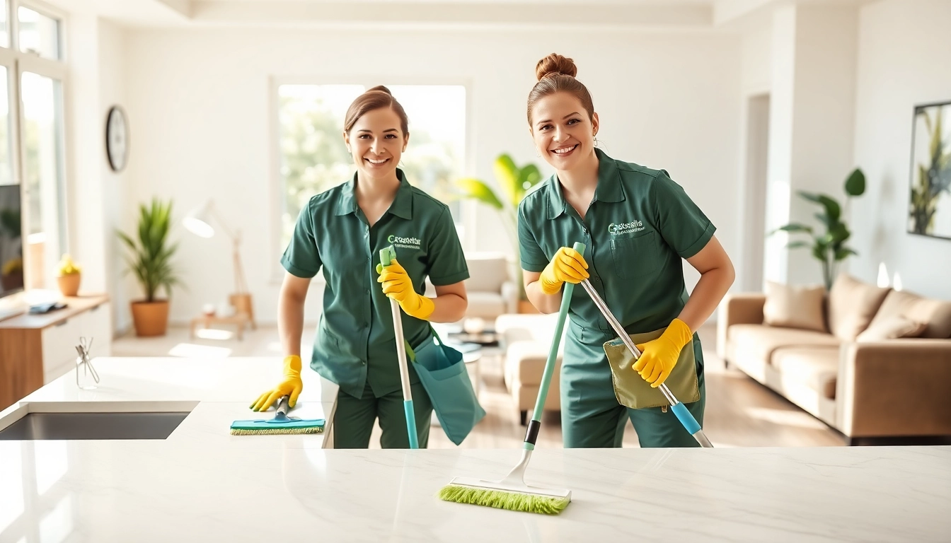 Experienced cleaning service professionals meticulously cleaning a modern home.
