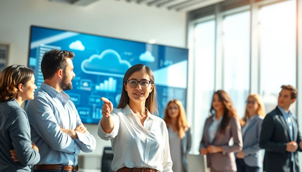 Showcasing Cloud Migration Services, a team collaborates in a modern office on cloud strategies.