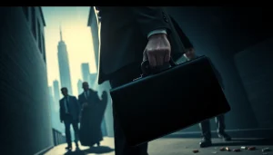 Protagonist in Politics Thieves and Bullets holding a briefcase, set in a moody urban alley.