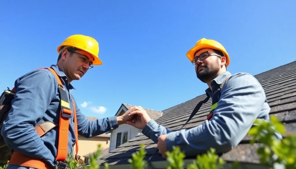 Capture reliable roofing services with a professional contractor inspecting a residential roof.