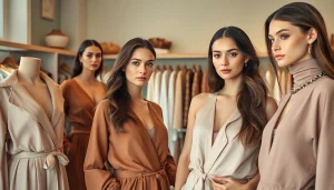 Showcasing elegant Rivelle clothing in a bright boutique setting with detailed textures.