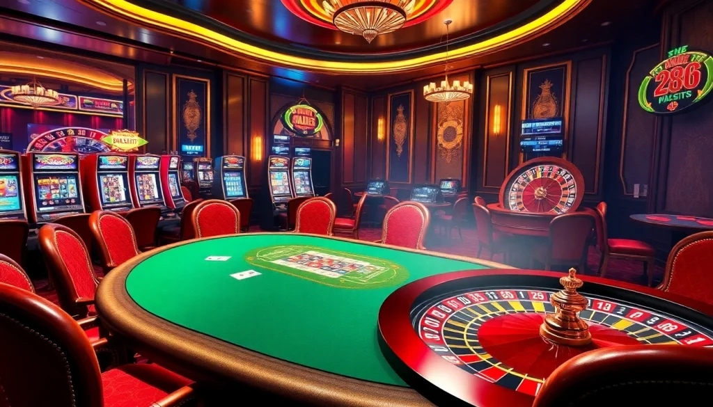 Babu88 gaming experience with poker players at a luxurious casino table featuring vibrant slot machines.