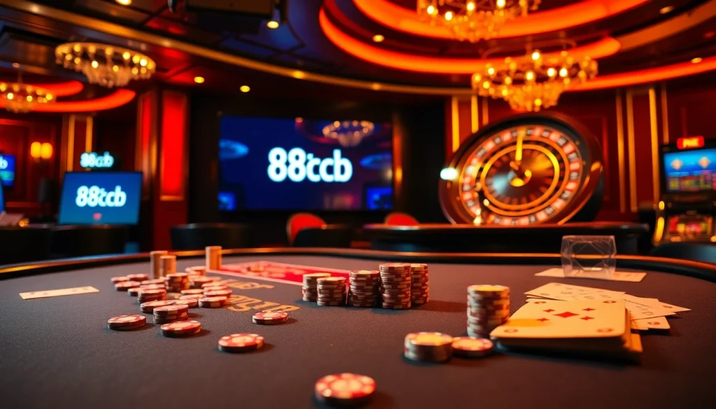 Playing poker at a vibrant 88clb casino table with colorful chips and cards.