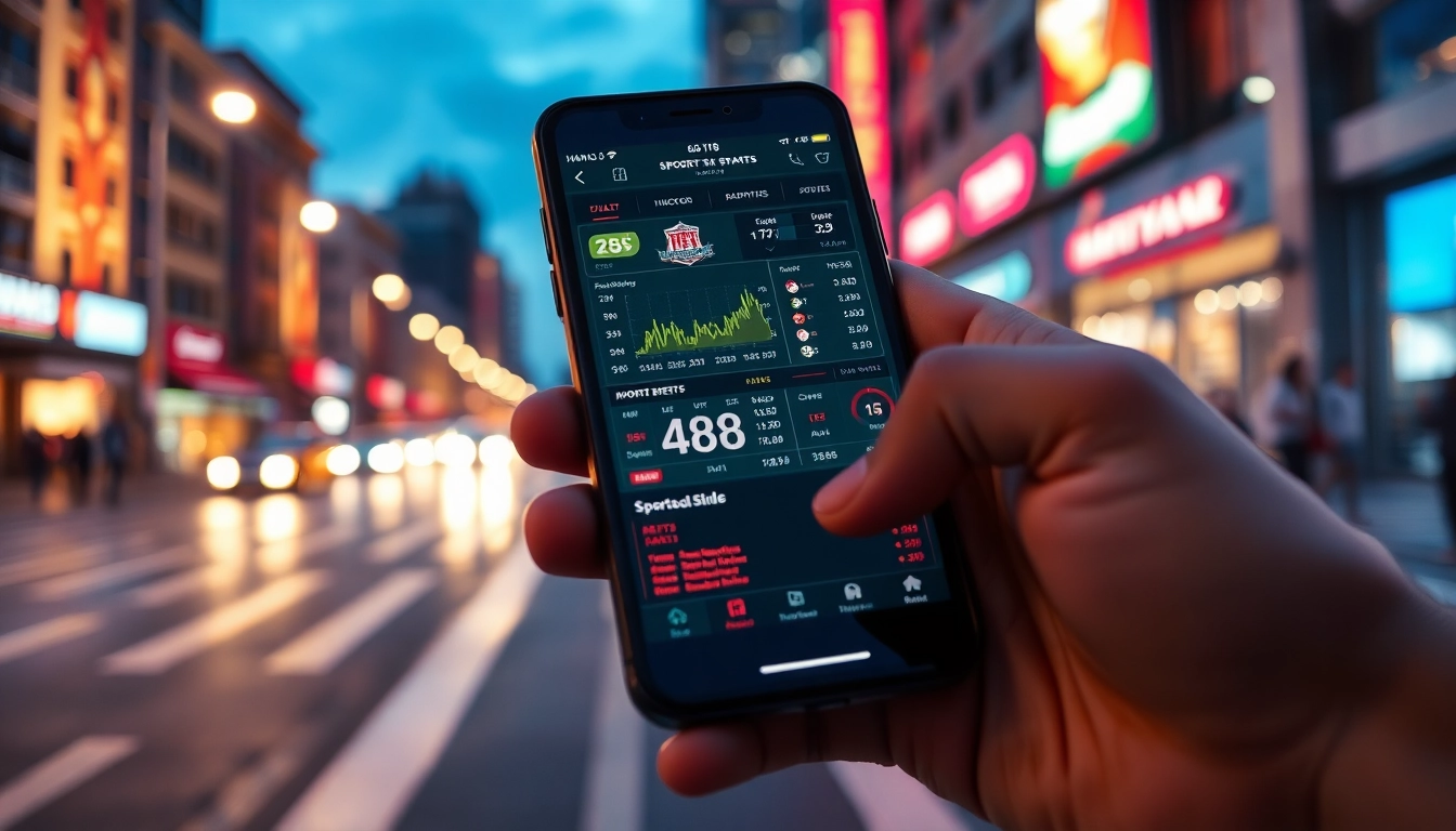 Engaging sports betting sites Oklahoma displayed on a smartphone amidst a vibrant urban nightlife.