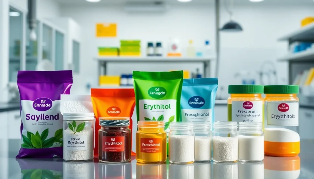 Showcasing industrial sweetener products in a modern lab to illustrate their vibrant variety.