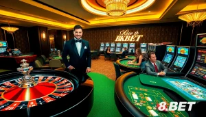 Catch the excitement at 8KBET with players enjoying a luxurious casino experience featuring poker tables and slot machines.