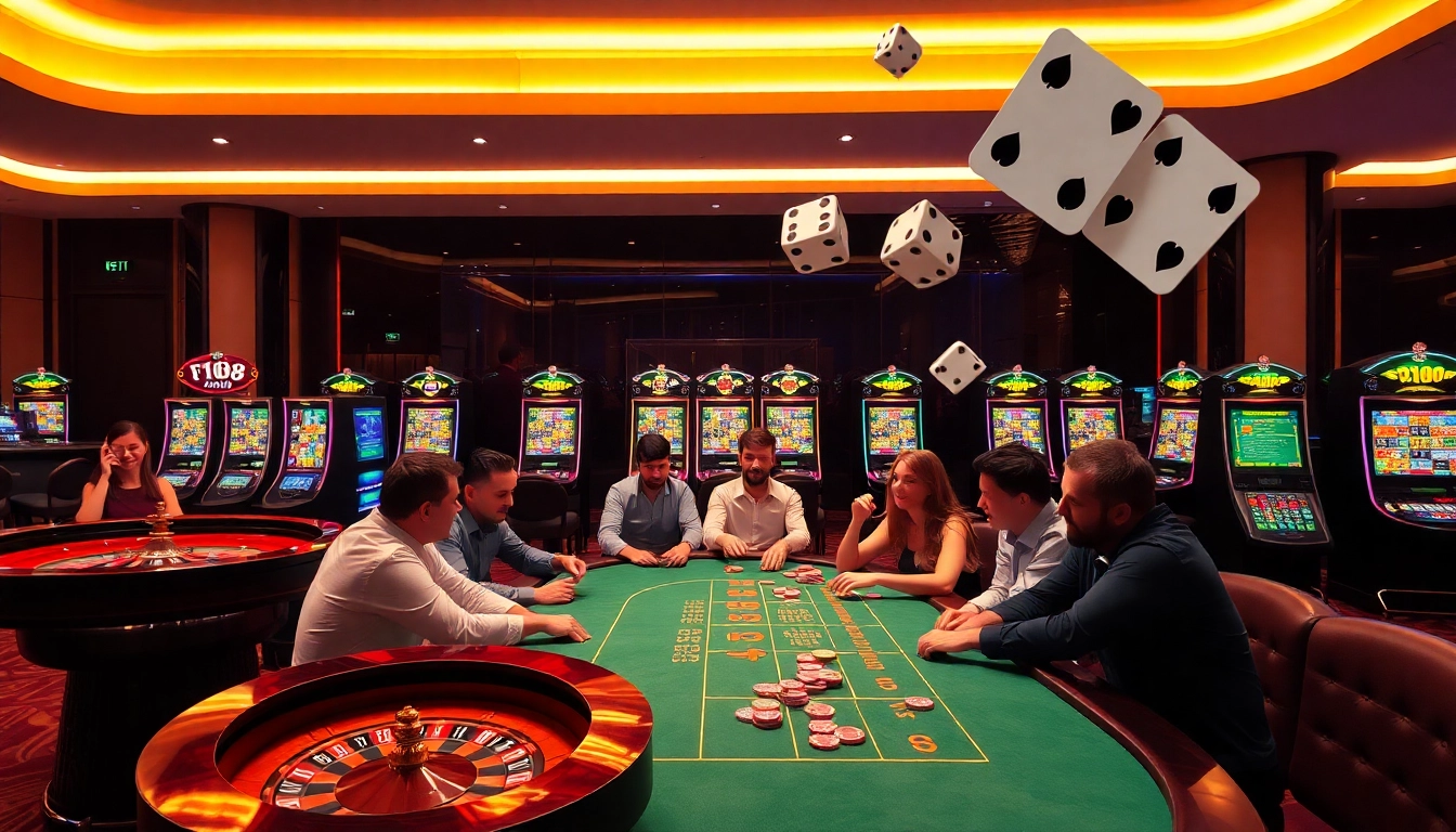 F168 players engaged in an exciting poker game in a vibrant casino setting.