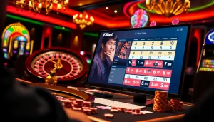 Action-packed F8bet gambling scene with roulette, cards, and vibrant casino elements.