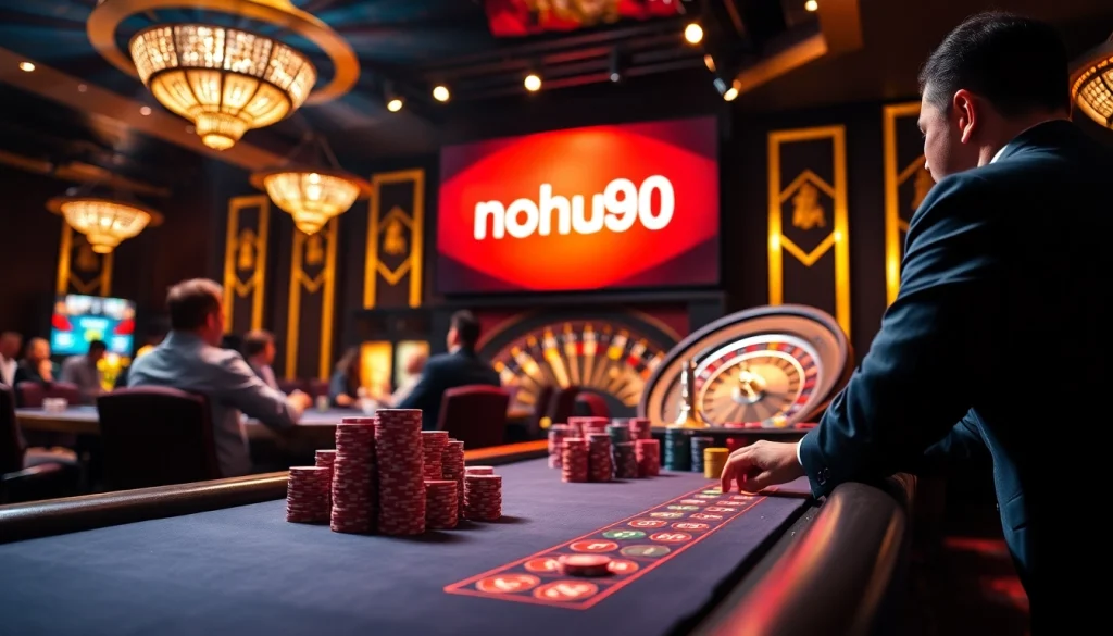 Nohu90 logo showcased at an exciting poker table in a luxurious casino setting.