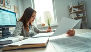 Certified translator engaged in translation work, highlighting traducător autorizat services in a professional environment.