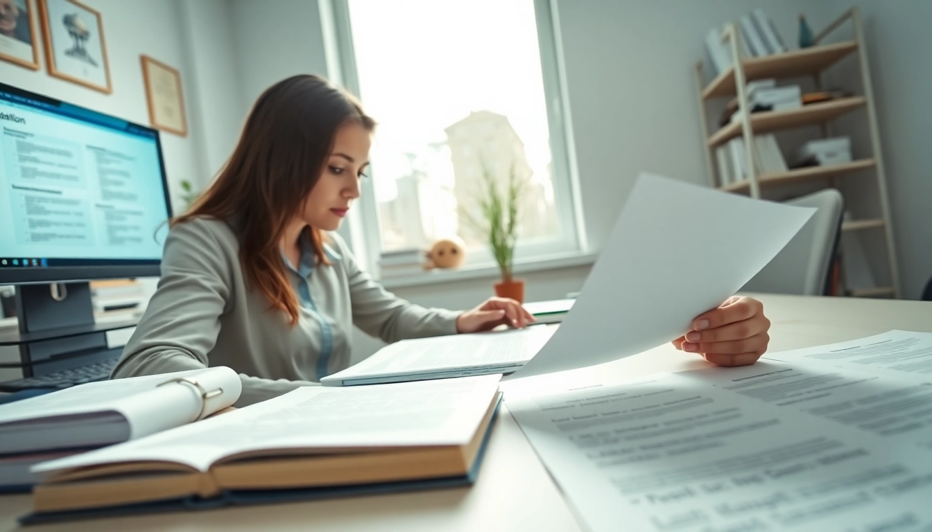 Certified translator engaged in translation work, highlighting traducător autorizat services in a professional environment.