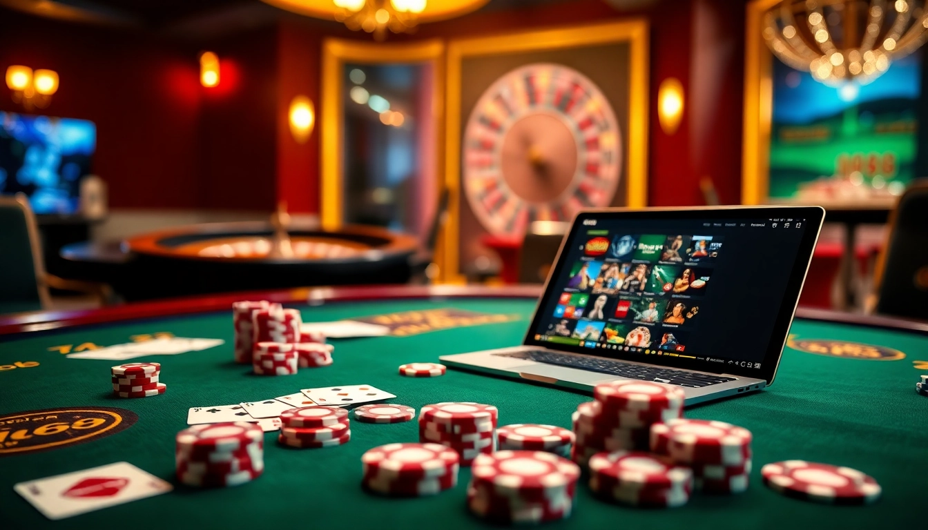 Experience the thrill of nh88 with an elegant casino scene featuring poker chips and a roulette wheel.