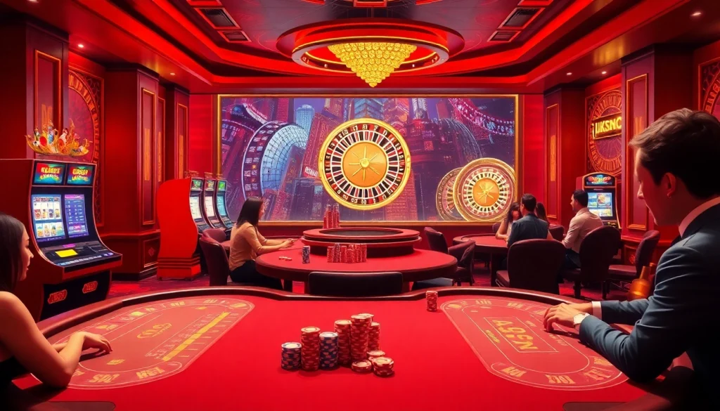 Experience high-stakes excitement at TK88's luxurious online casino, featuring vibrant slots and poker tables.