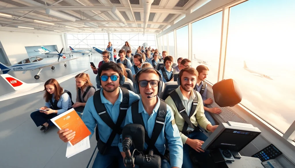 Engaging flight school environment showcasing FLY88 pilots in training, with aircraft and learning materials.