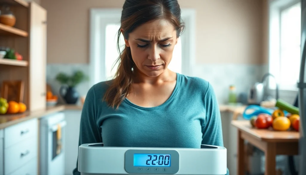 Individual grappling with weight loss plateau, standing next to an unchanging scale in a kitchen setting.