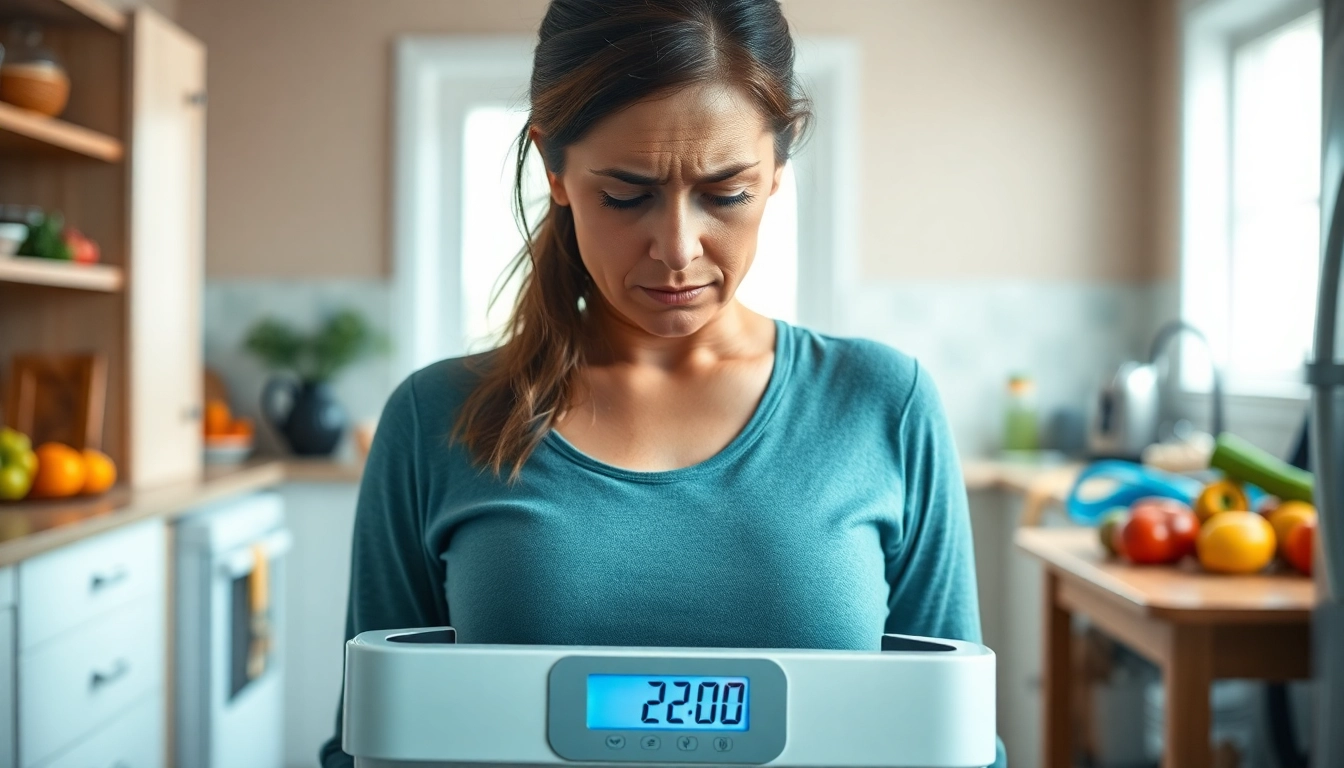 Individual grappling with weight loss plateau, standing next to an unchanging scale in a kitchen setting.
