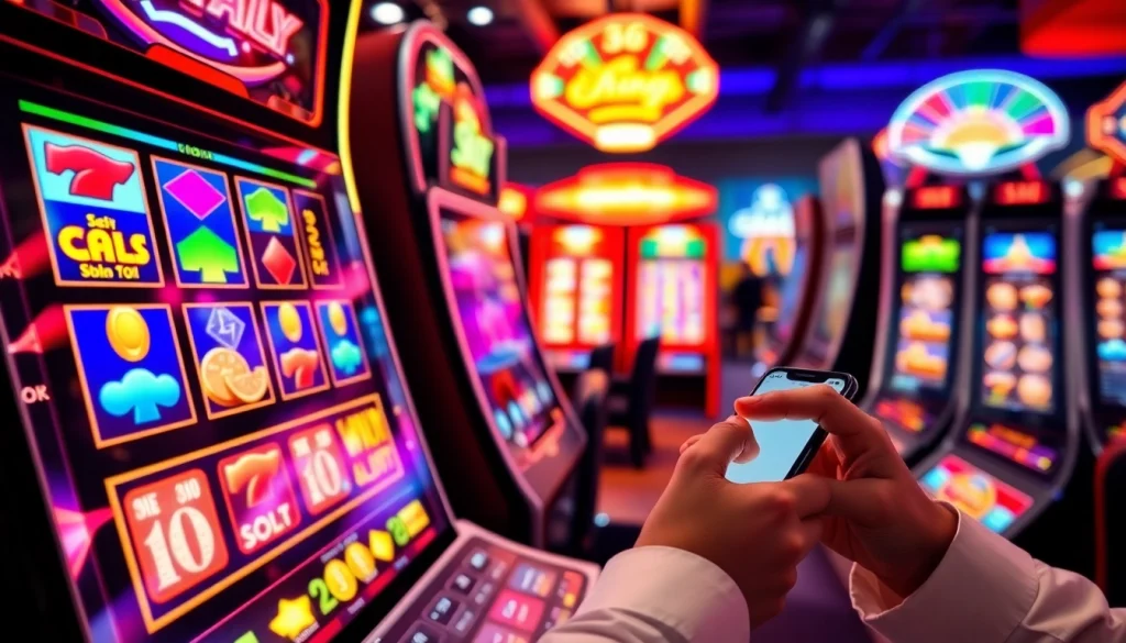 Main interface for slot deposit pulsa with colorful slot machines and user engagement.