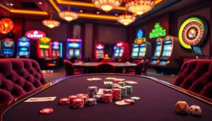 Experience excitement at https://www.6rwin33.com/ with a vibrant casino scene featuring poker chips and roulette.