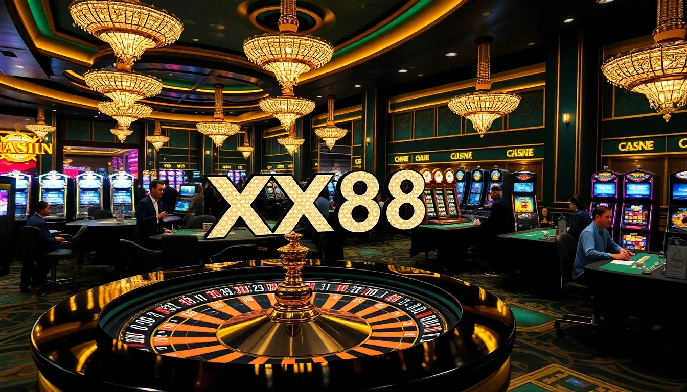 Experience excitement at XX88 casino with vibrant slot machines and glamorous roulette tables.