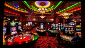 Marvelbet casino scene showcasing lively gaming with vibrant roulette wheel and slot machines.