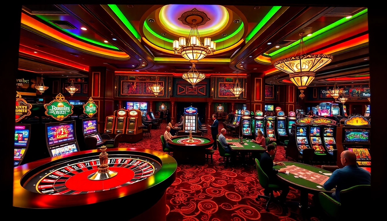 Marvelbet casino scene showcasing lively gaming with vibrant roulette wheel and slot machines.