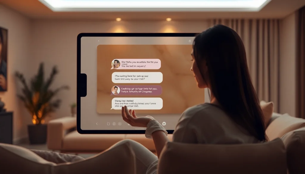 Engaging conversation with an AI sex bot on a sleek tablet in a cozy setting.