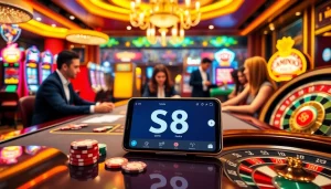 Experience top-tier gambling with S8's vibrant casino atmosphere filled with cards and chips.