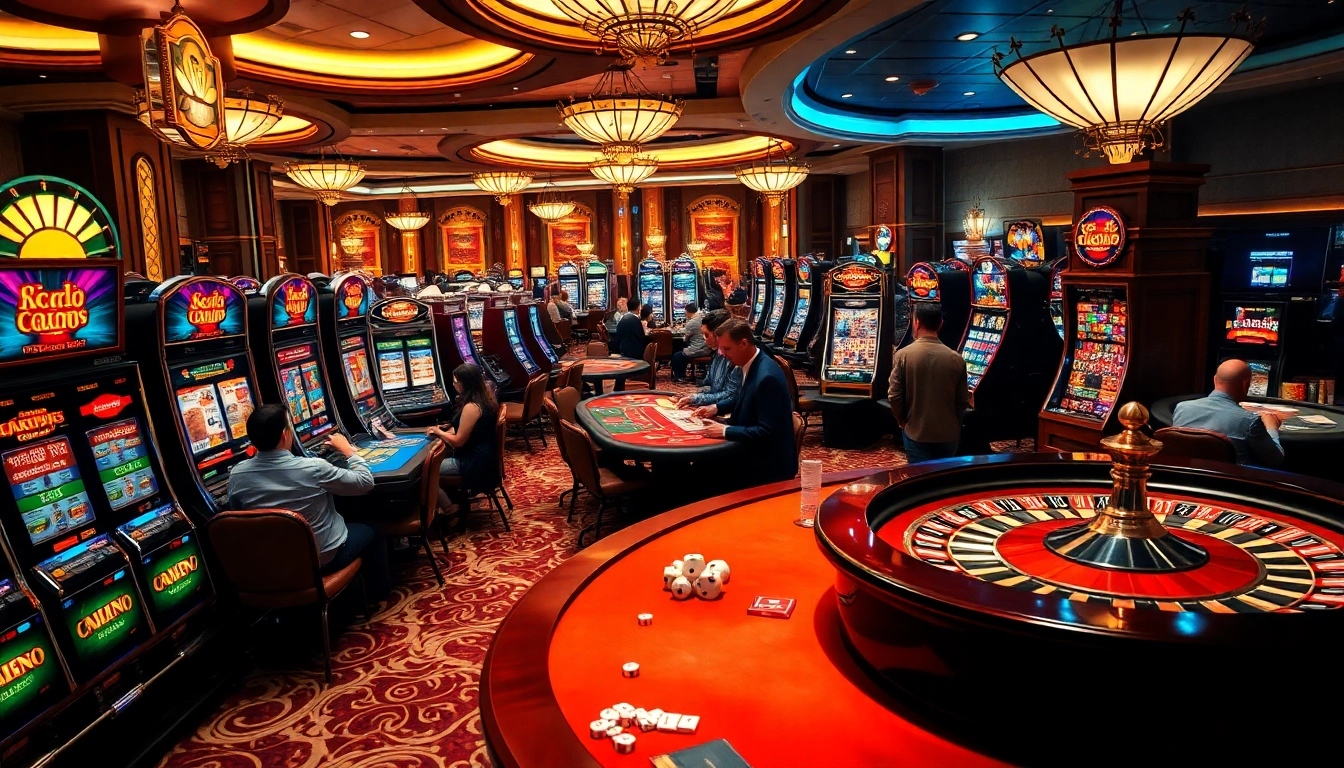 Exciting gameplay at QQ88 COM with players engaging at casino tables and colorful slot machines.