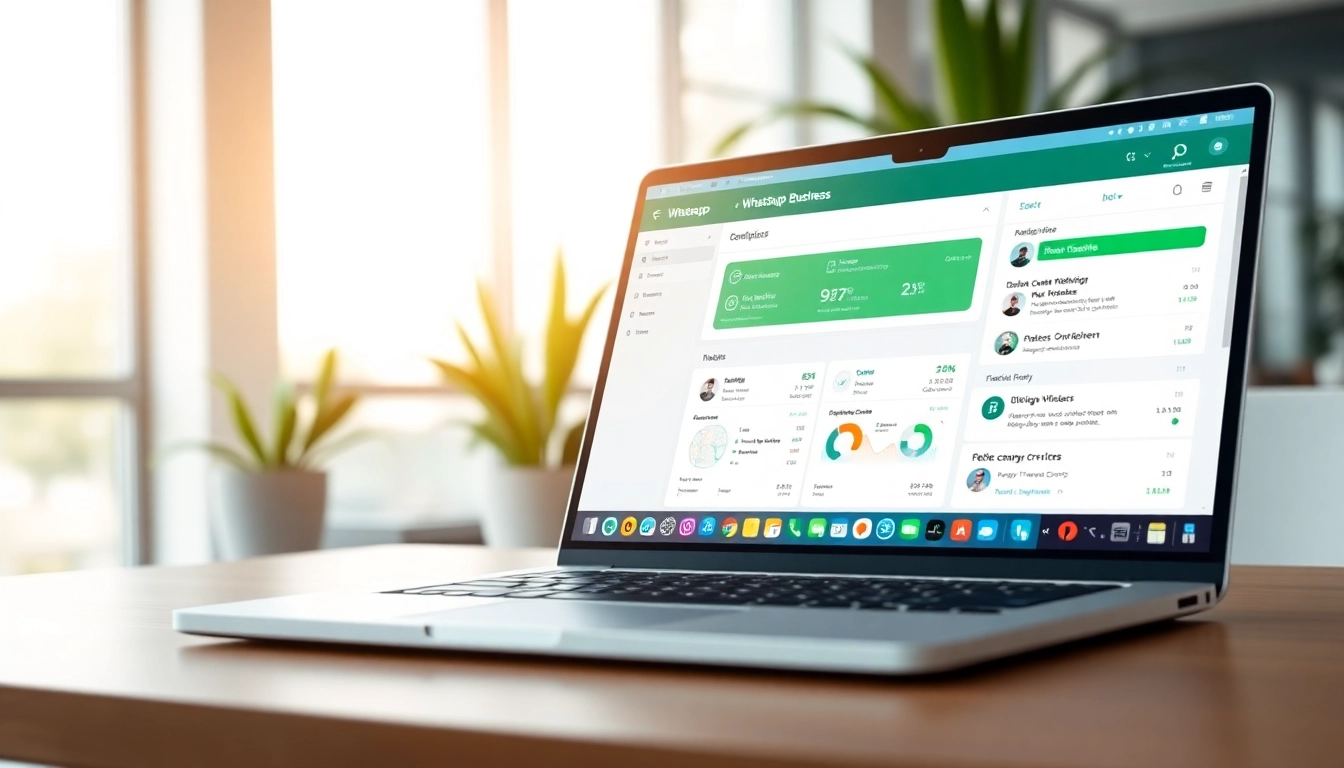 Visualize WhatsApp Business CRM interface on a laptop depicting analytics and customer engagement.