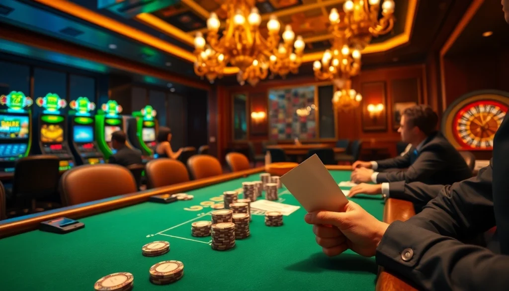 Engage in winning strategies at https://ok8386a.com/ with a luxurious casino scene featuring poker and gaming excitement.